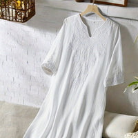CloudLinen | Soft White Embroidered V-Neck Mid-Length Loose Summer Dress