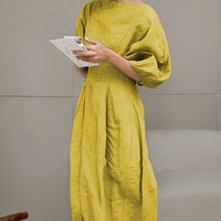 BreezyThreads | Solid Color Round Neck Linen Midi Dress for Summer