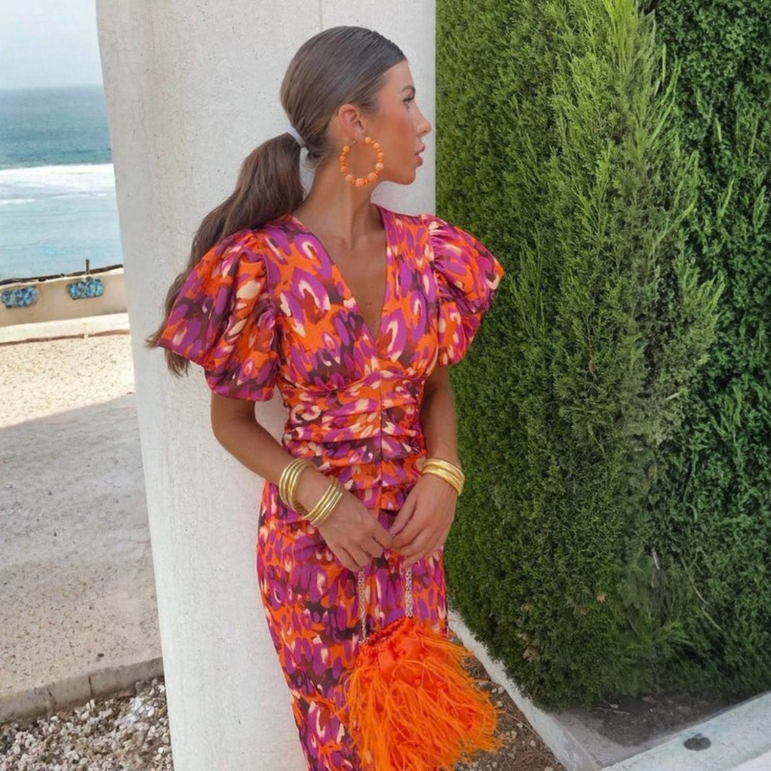 | Women’s Summer Printed Puff Sleeve Midi Dress