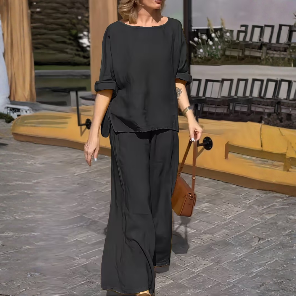 Women’s Casual Round Neck Wide Leg Pants Set