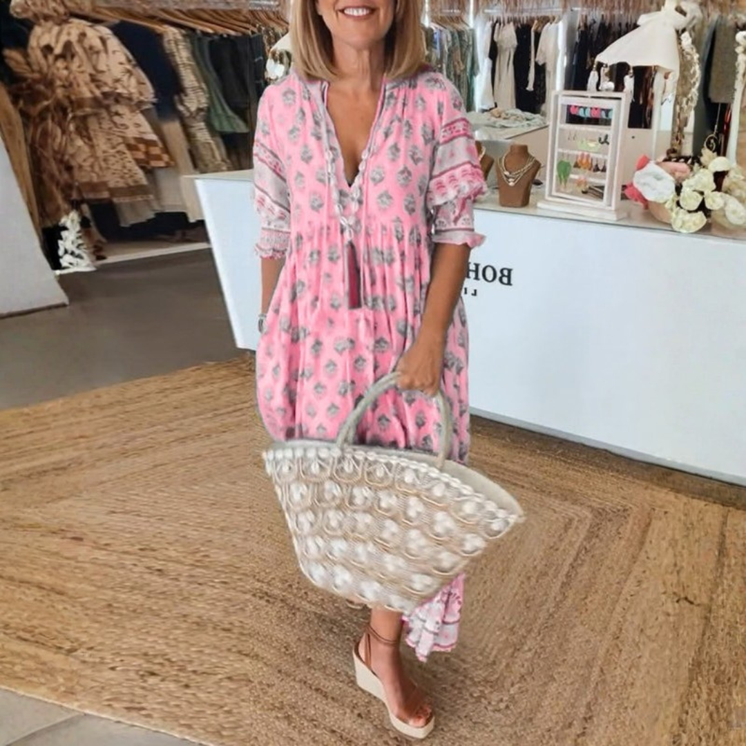 Printed V-Neck Midi Dress