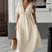 | Linen Long Sleeve V-Neck Dress Relaxed Resort Style
