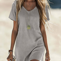 Comfortelle | Breathable Solid V-Neck Casual Dress with Pocket Detail
