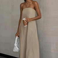 | Lightweight Linen Strapless Long Dress Smooth Texture Casual Solid Color