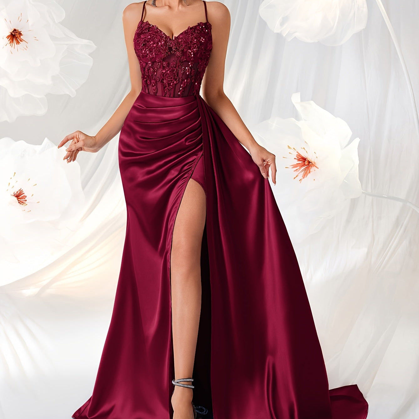 Women’s Elegant Backless V-Neck Dress with Embroidery and High-Waisted Silhouette, Perfect for Parties