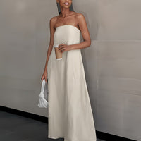 | Lightweight Linen Strapless Long Dress Smooth Texture Casual Solid Color