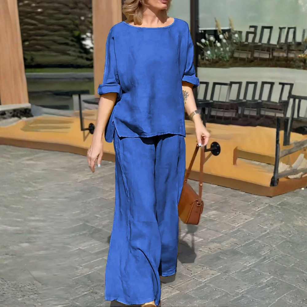 Women’s Casual Round Neck Wide Leg Pants Set