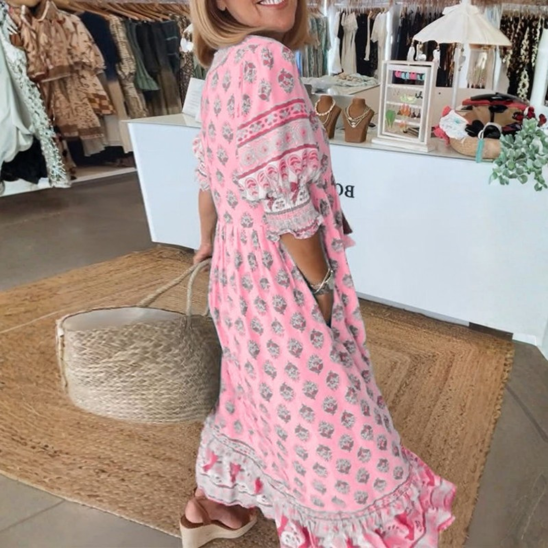 Printed V-Neck Midi Dress