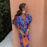 | Women’s Summer Printed Puff Sleeve Midi Dress