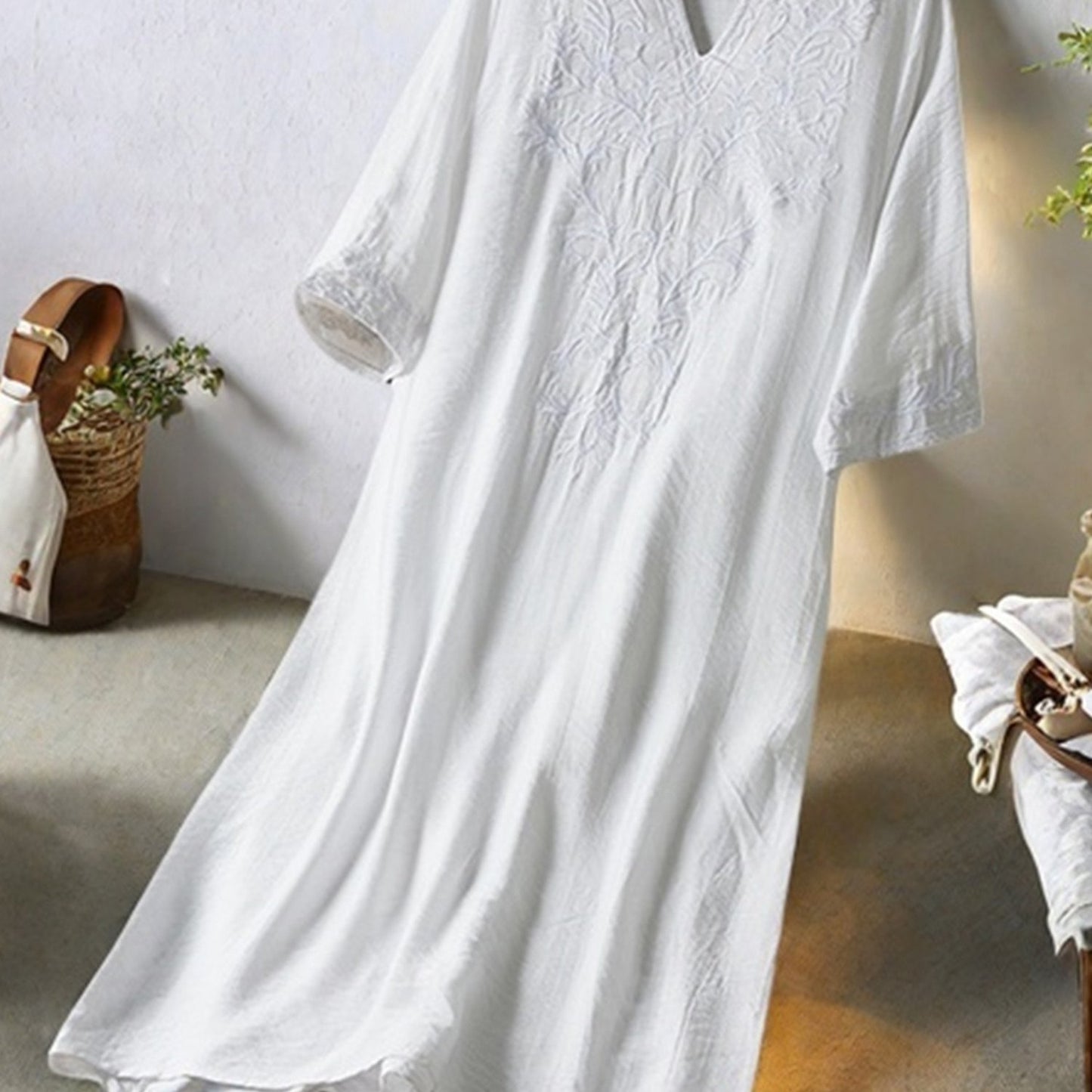 CloudLinen | Soft White Embroidered V-Neck Mid-Length Loose Summer Dress