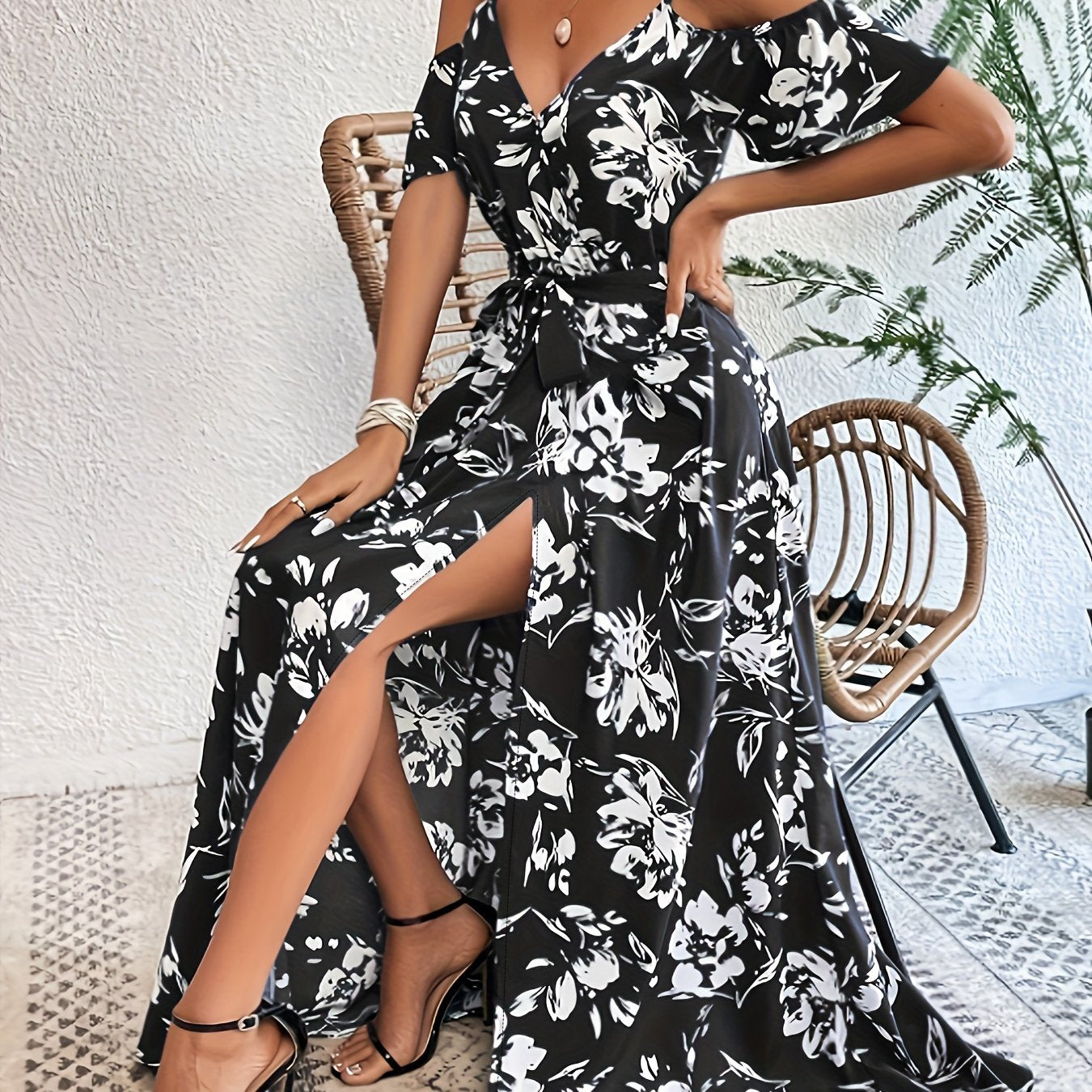 Sleeveless Floral Midi Dress with Side Slit