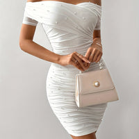 Off-Shoulder Pearl Accent Dress with Slim Fit