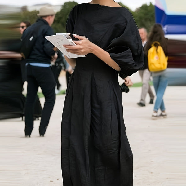 BreezyThreads | Solid Color Round Neck Linen Midi Dress for Summer