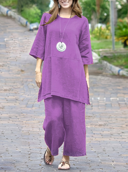 | Women’s Colorblock Casual Shirt and Wide Leg Pants Set