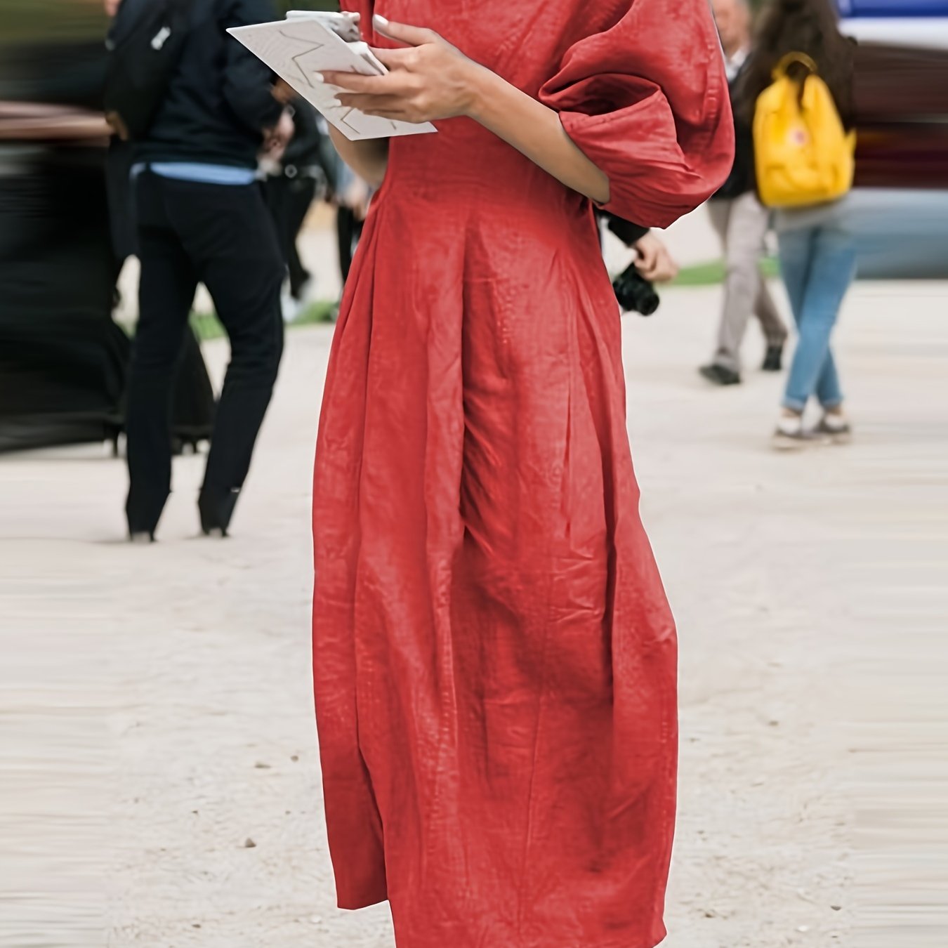 BreezyThreads | Solid Color Round Neck Linen Midi Dress for Summer