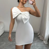 Asymmetrical White Bodycon Dress with Bow Detail