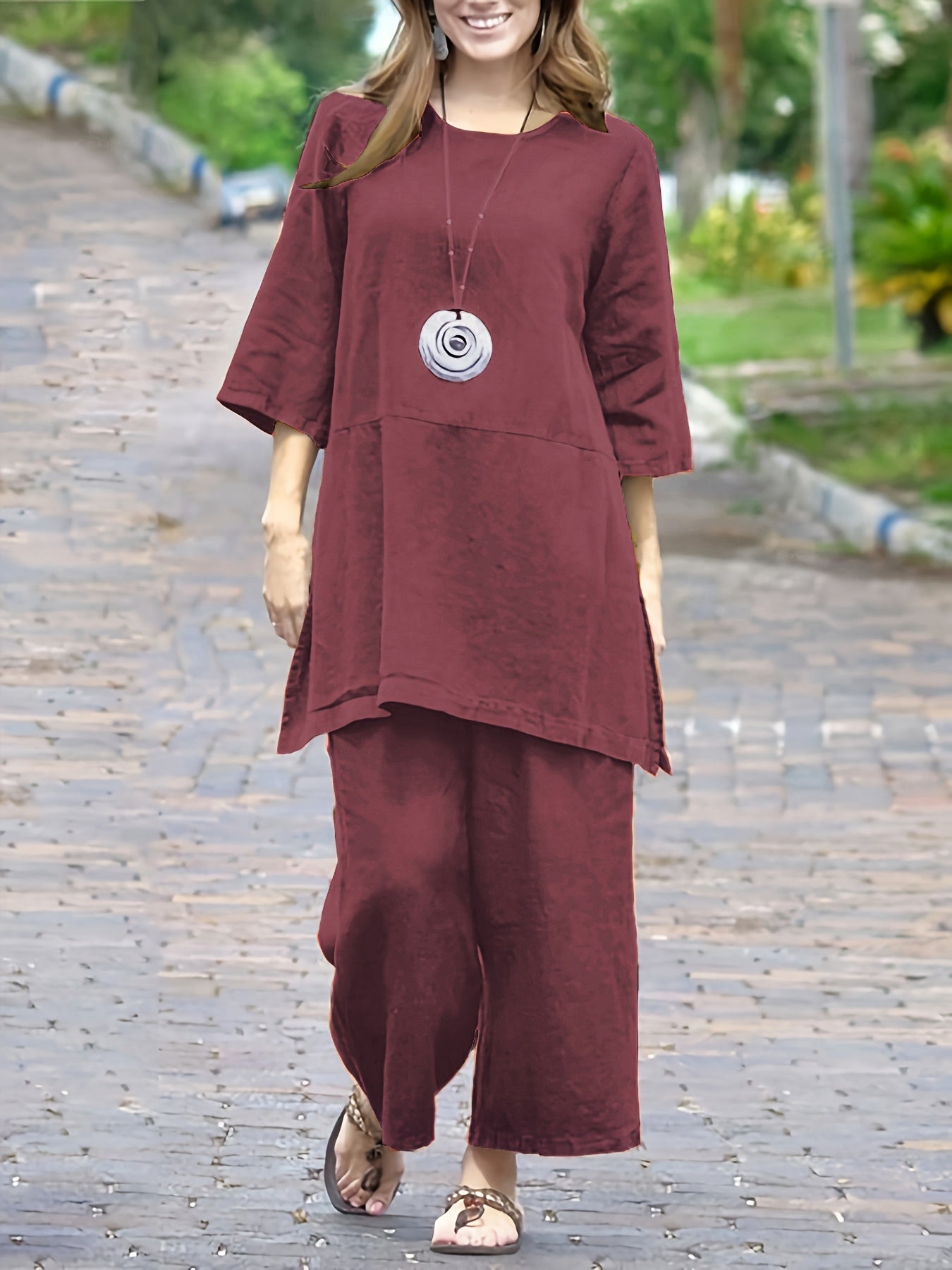 | Women’s Colorblock Casual Shirt and Wide Leg Pants Set