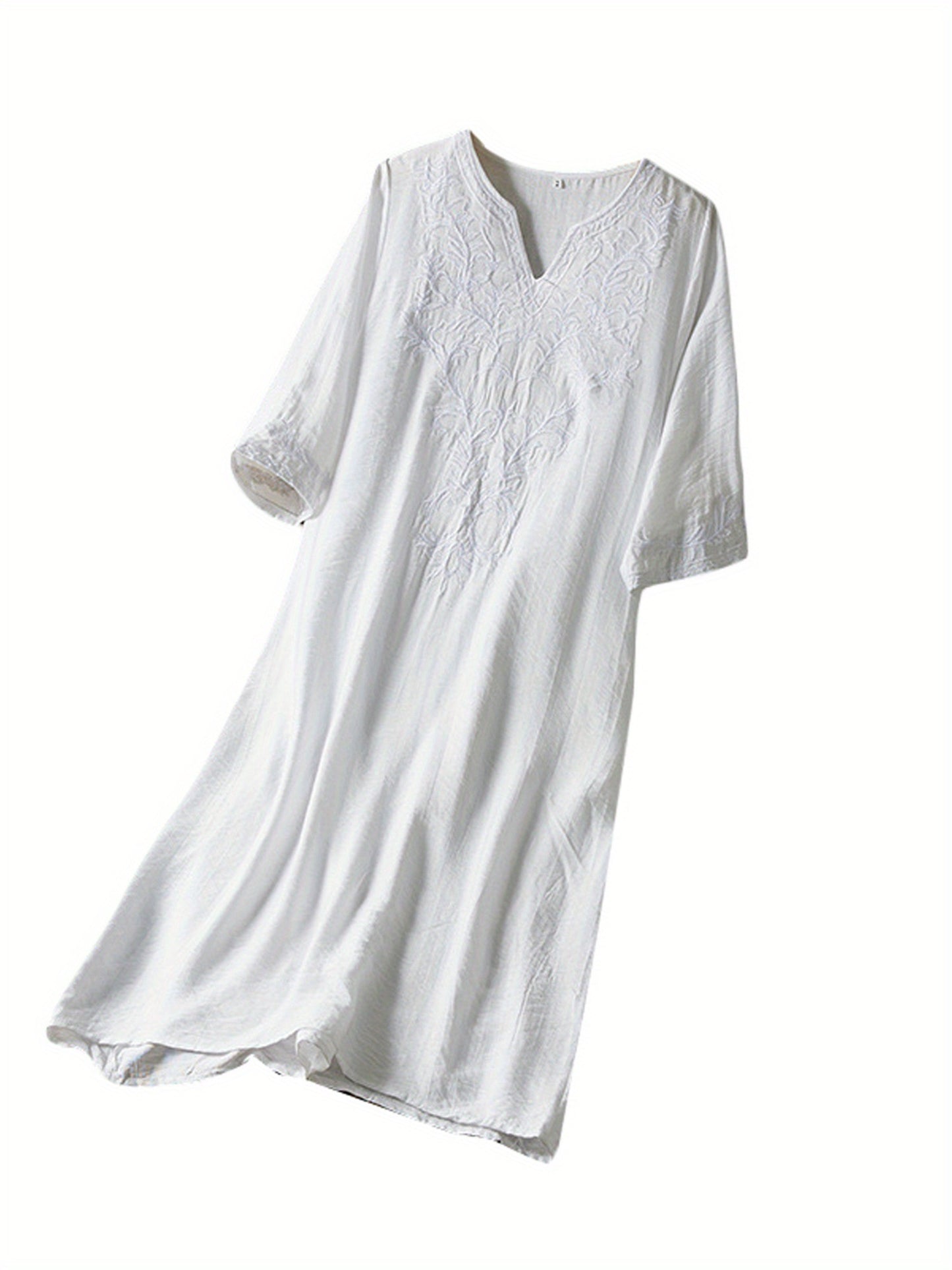 CloudLinen | Soft White Embroidered V-Neck Mid-Length Loose Summer Dress