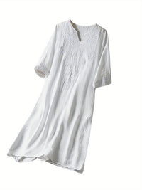 CloudLinen | Soft White Embroidered V-Neck Mid-Length Loose Summer Dress