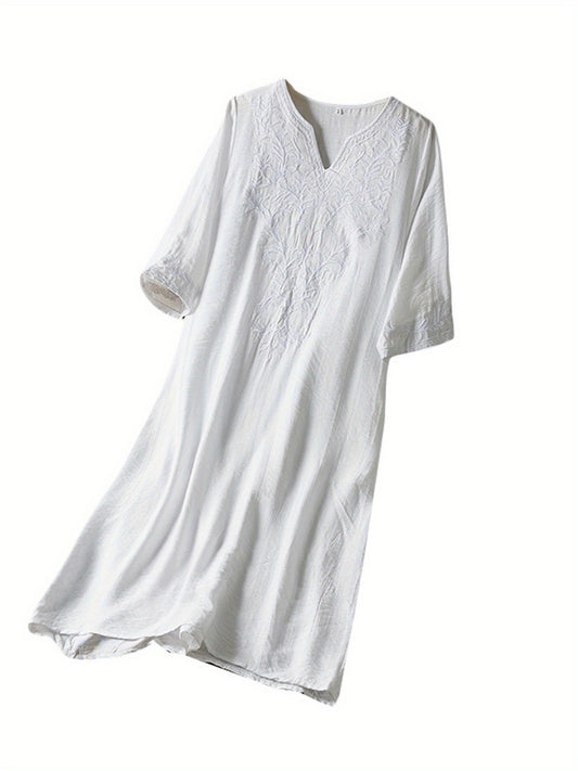 | Soft White Embroidered V-Neck Mid-Length Loose Summer Dress