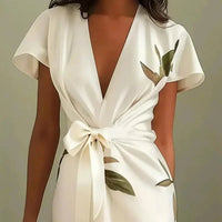 Brenna | Elegant Summer Wrap Dress with Flutter Sleeves and Leaf Pattern 3