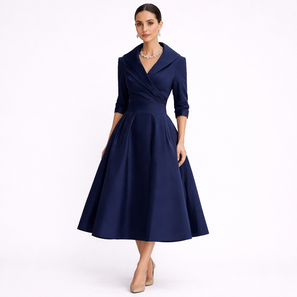 AVERLY – Elegant V-Neck Midi Dress with Graceful Formal Silhouette