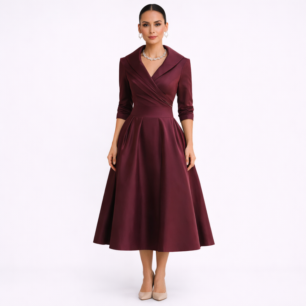 AVERLY – Elegant V-Neck Midi Dress with Graceful Formal Silhouette