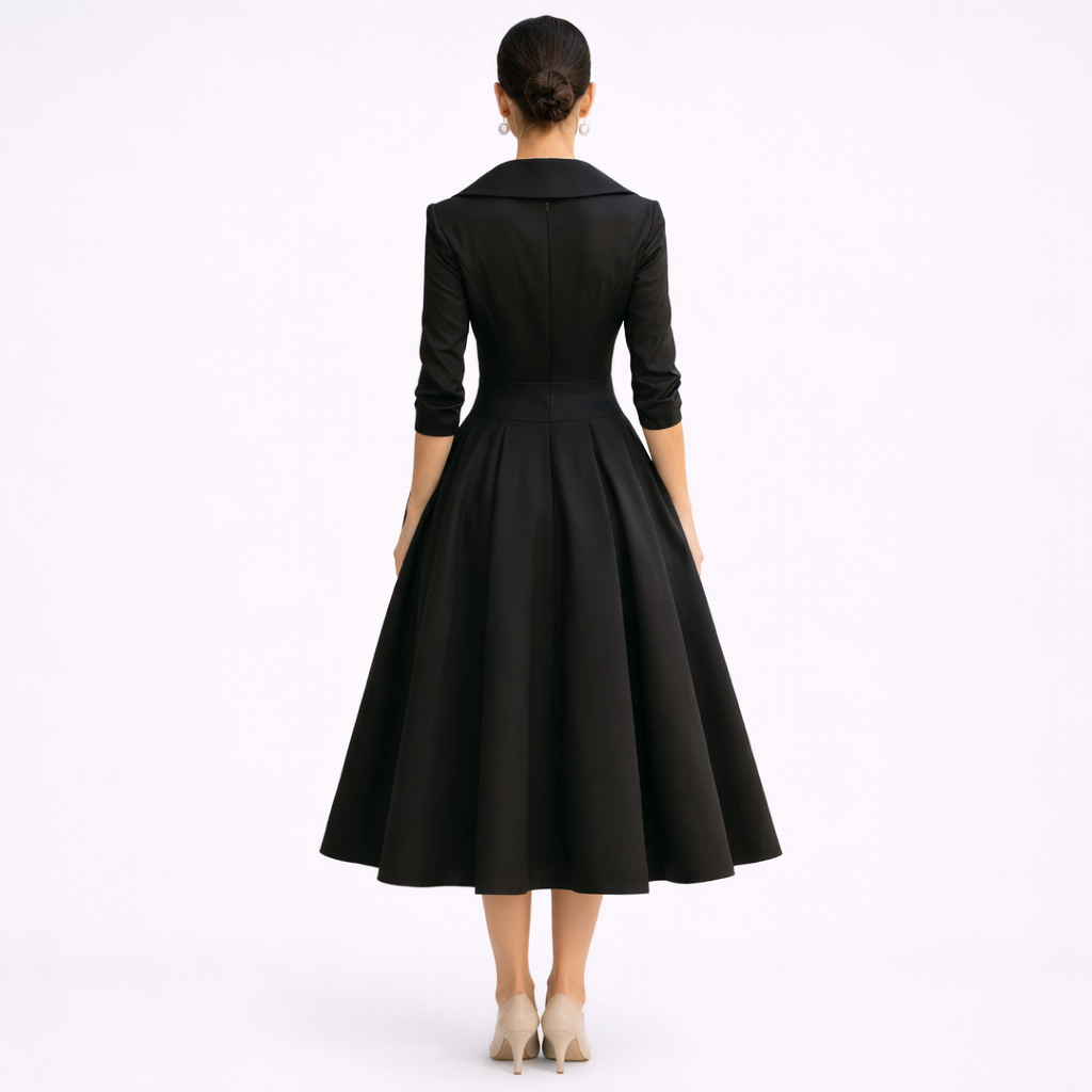 AVERLY – Elegant V-Neck Midi Dress with Graceful Formal Silhouette