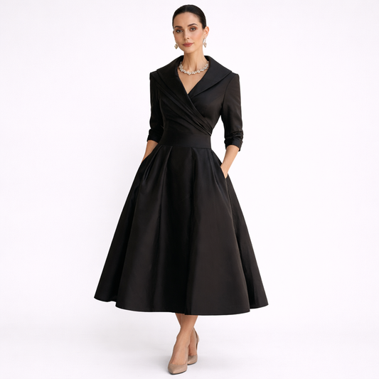 AVERLY – Elegant V-Neck Midi Dress with Graceful Formal Silhouette
