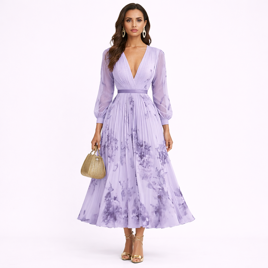 CALIARA – Airy Pleated Maxi Dress with Delicate Ribbon Tie