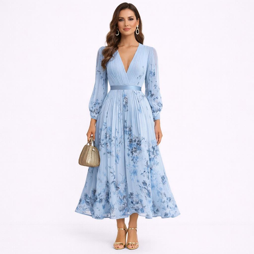 CALIARA – Airy Pleated Maxi Dress with Delicate Ribbon Tie