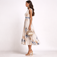 CALIARA – Airy Pleated Maxi Dress with Delicate Ribbon Tie