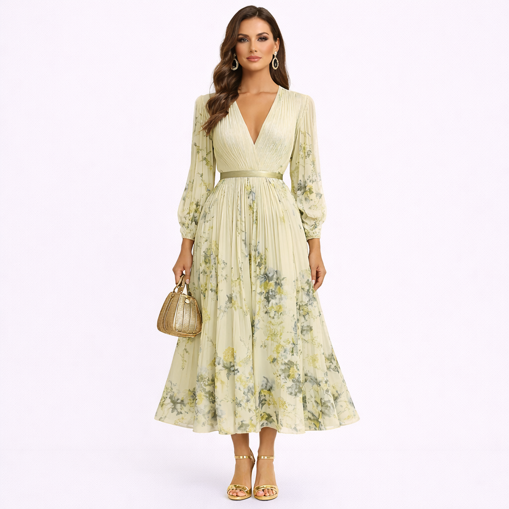 CALIARA – Airy Pleated Maxi Dress with Delicate Ribbon Tie