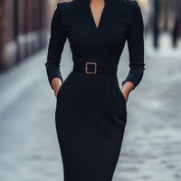 Elegant Black Belted Sheath Dress for Women - Formal Knee-Length Dress with Mandarin Collar 0
