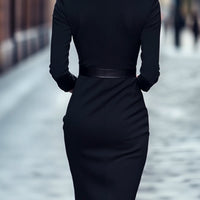Elegant Black Belted Sheath Dress for Women - Formal Knee-Length Dress with Mandarin Collar 1