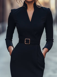 Elegant Black Belted Sheath Dress for Women - Formal Knee-Length Dress with Mandarin Collar 2