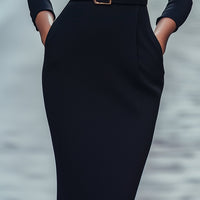 Elegant Black Belted Sheath Dress for Women - Formal Knee-Length Dress with Mandarin Collar 3