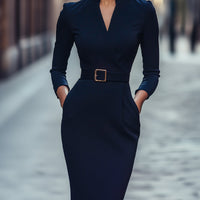 Elegant Black Belted Sheath Dress for Women - Formal Knee-Length Dress with Mandarin Collar 5