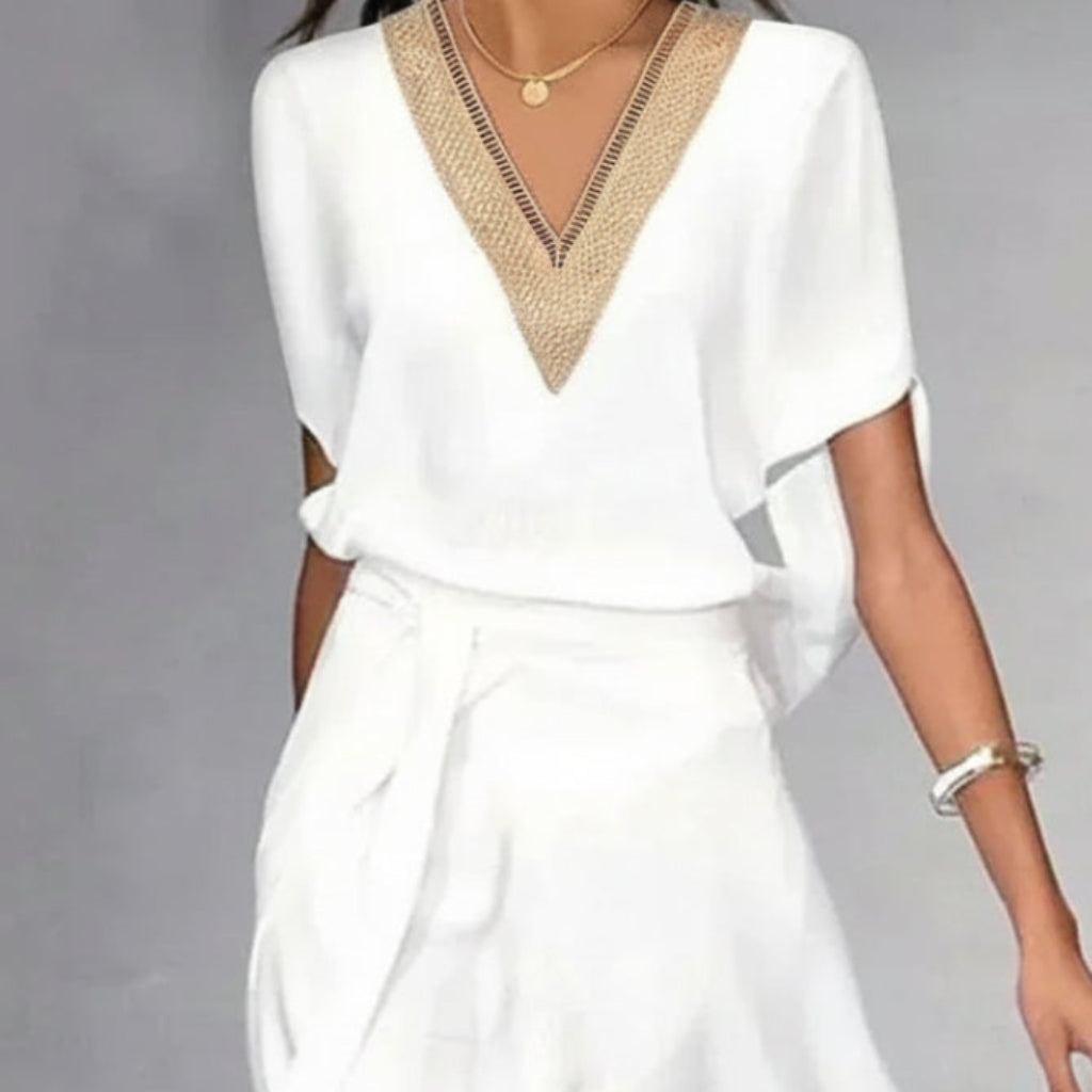 Chic Summer Midi Dress with Feminine V-Neck Detail