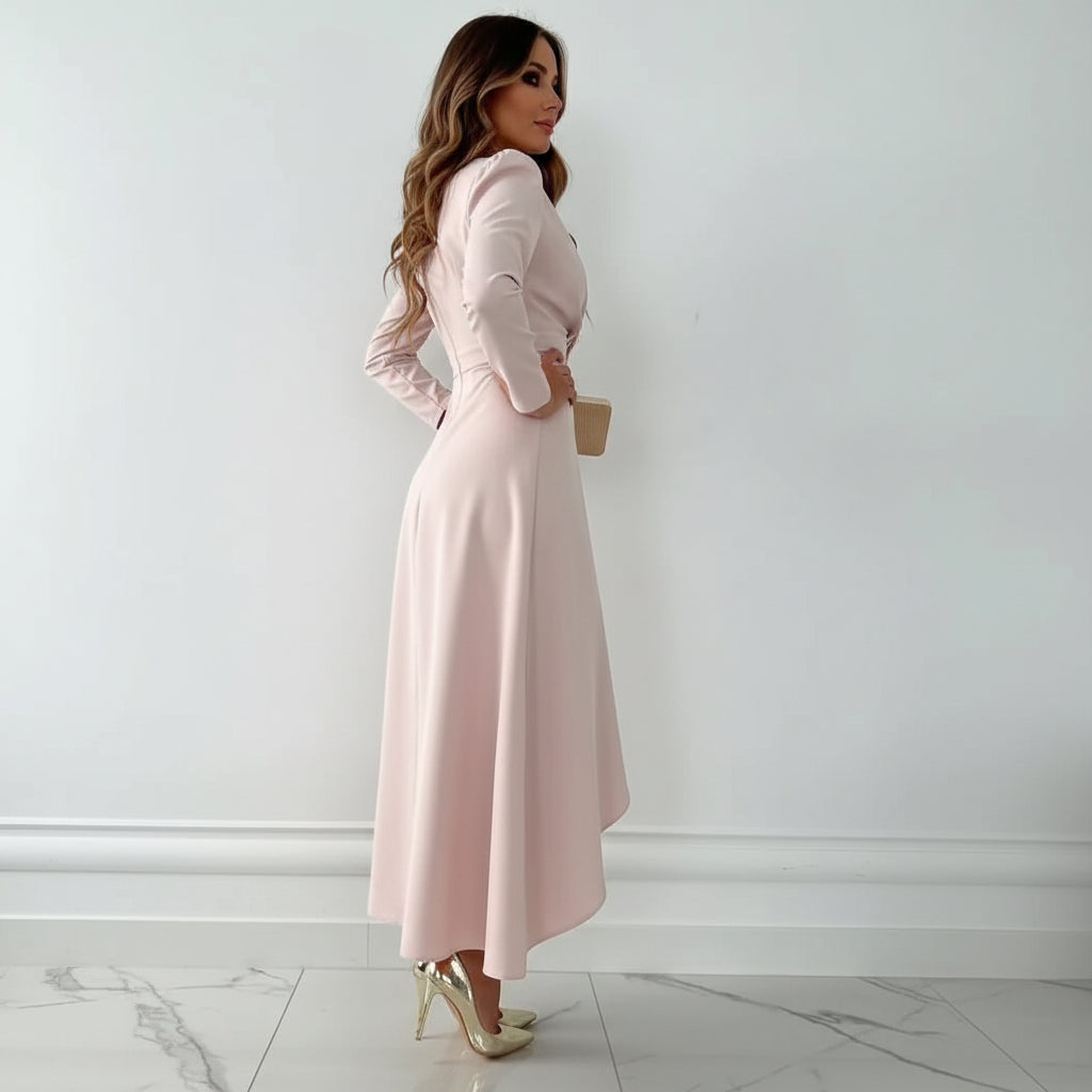 Eva | Elegant V Neck Midi Dress with Subtle Slit for Summer and Wedding Guests 1