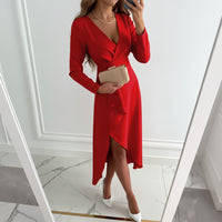 Eva | Elegant V Neck Midi Dress with Subtle Slit for Summer and Wedding Guests 3