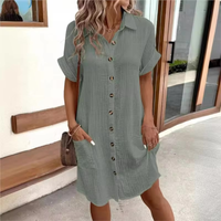 Linen Button Down Shirt Dress with Pockets