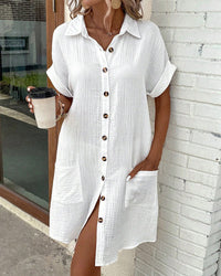 Linen Button Down Shirt Dress with Pockets