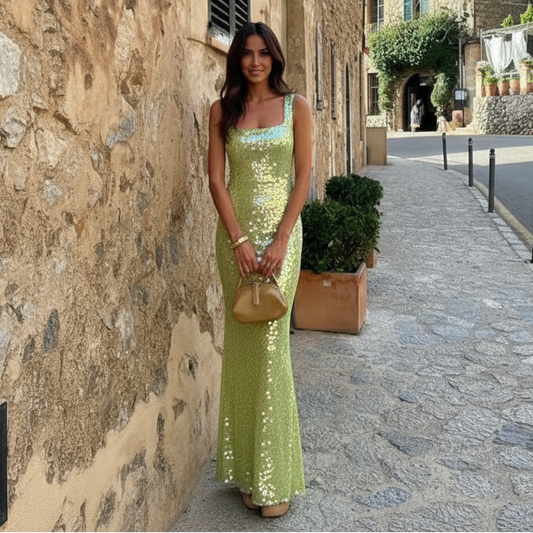 Jasmine | Elegant Summer Sequin Dress with Square Collar for Wedding Guests 2