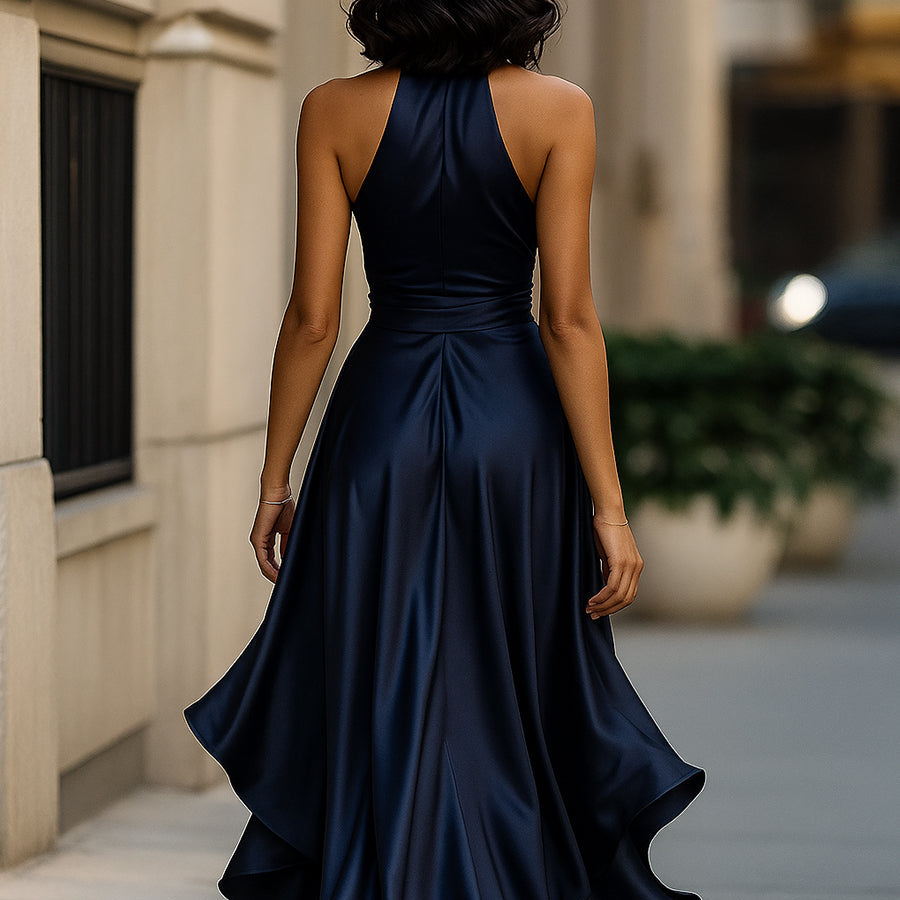 Midnight Elegance - Satin Halter Ruffle Gown for Wedding Guests & Formal Events 1