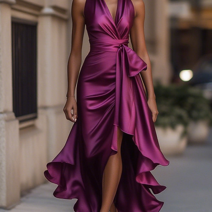 Midnight Elegance - Satin Halter Ruffle Gown for Wedding Guests & Formal Events 12