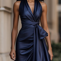Midnight Elegance - Satin Halter Ruffle Gown for Wedding Guests & Formal Events 2