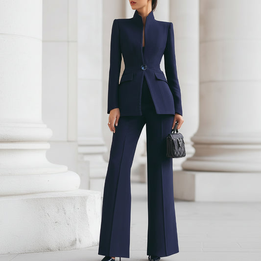 Moira | Elegant Navy Pant Suit with High-Collar Blazer and Wide-Leg Trousers 0