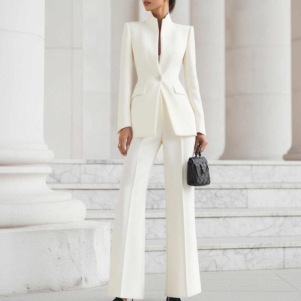 Moira | Elegant Navy Pant Suit with High-Collar Blazer and Wide-Leg Trousers 5