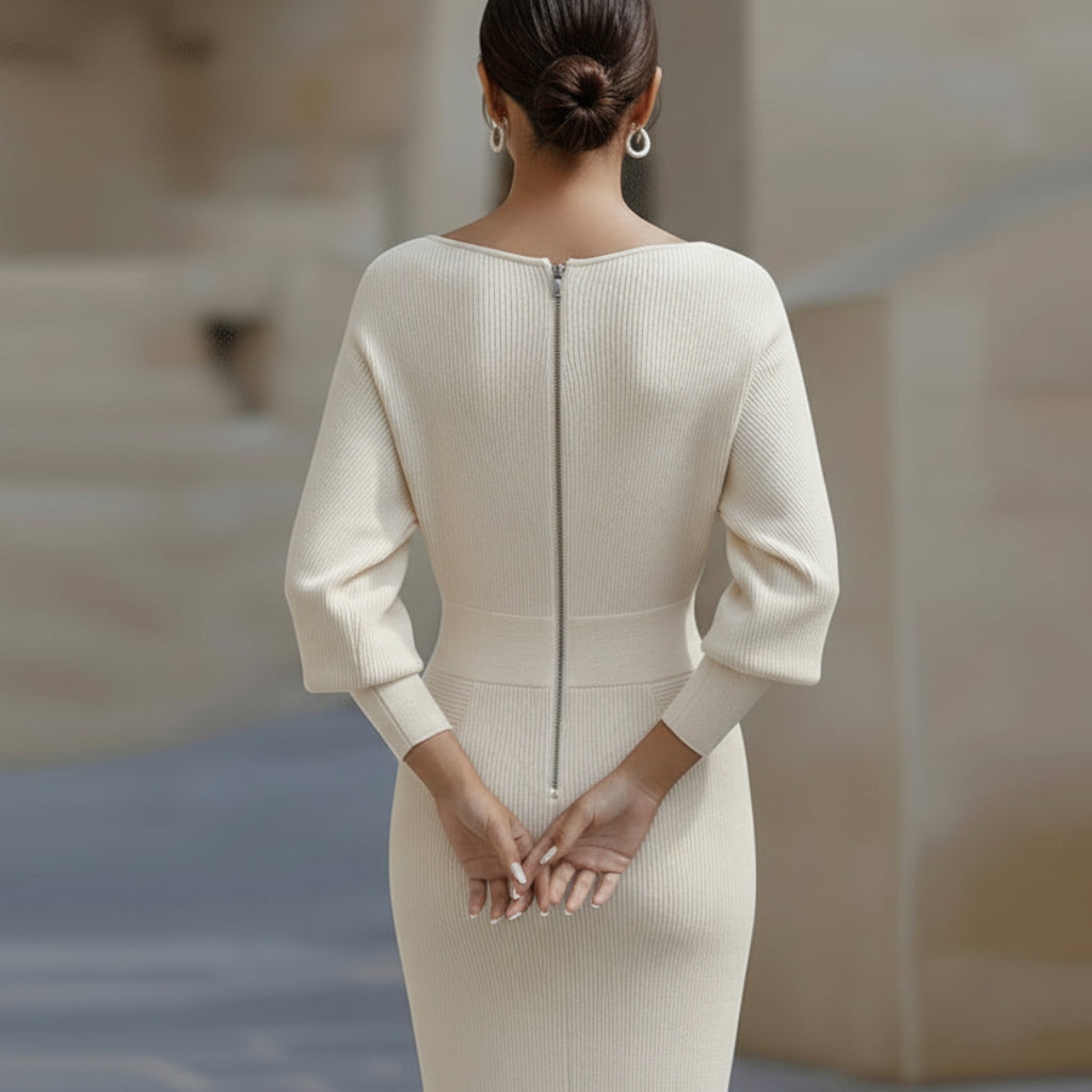 Moira | Elegant White Midi Dress with Long Sleeves for Timeless Sophistication 1